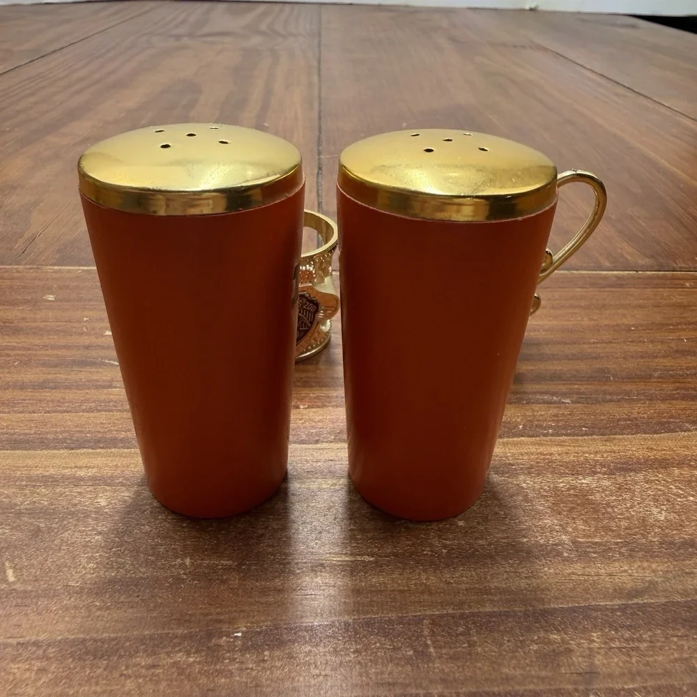 Vintage MCM St Louis Zoo Salt and Pepper Shakers Japan Wood Gold Holder Kitsch